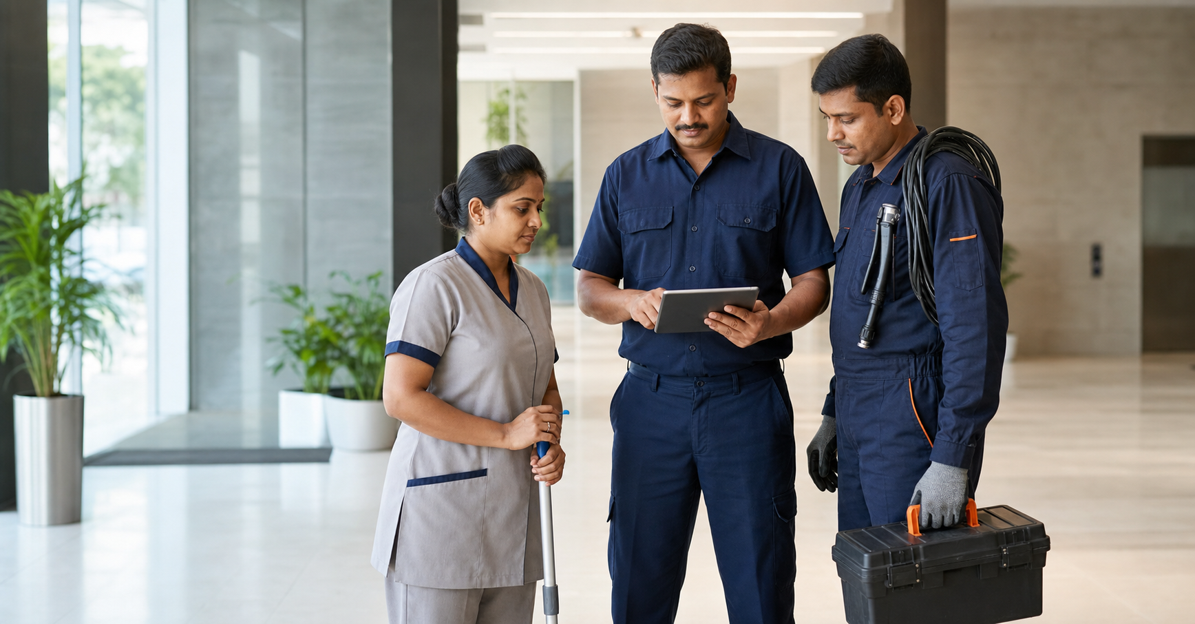 Facility supervisor, housekeeping professional and maintenance technician reviewing work at a commercial premises